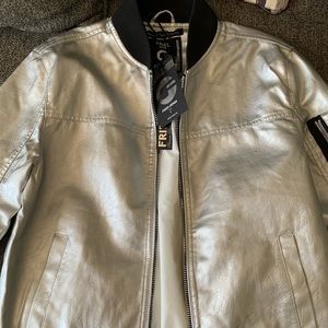 Silver bomber jacket. Vegan leather small